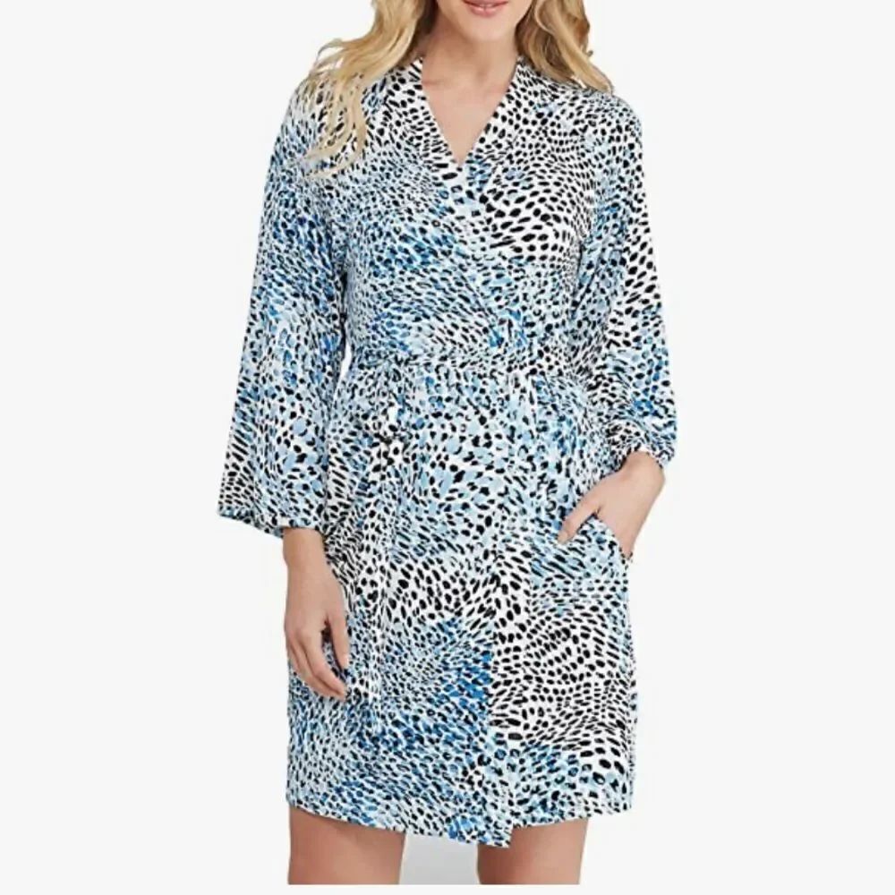 Oscar de la Renta Pink Label Jersey Silky Knit Animal Print Wrap Robe